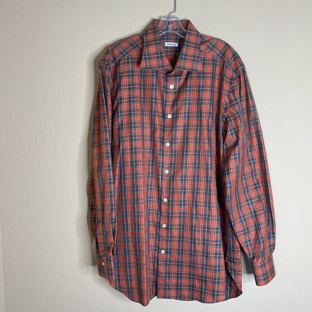 kiton orange multi color check dress shirt